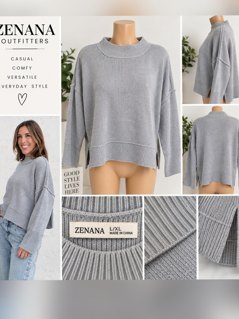 Zenana Outfitters Light Gray Ribbed Mock Neck Sweater - Women's L/XL